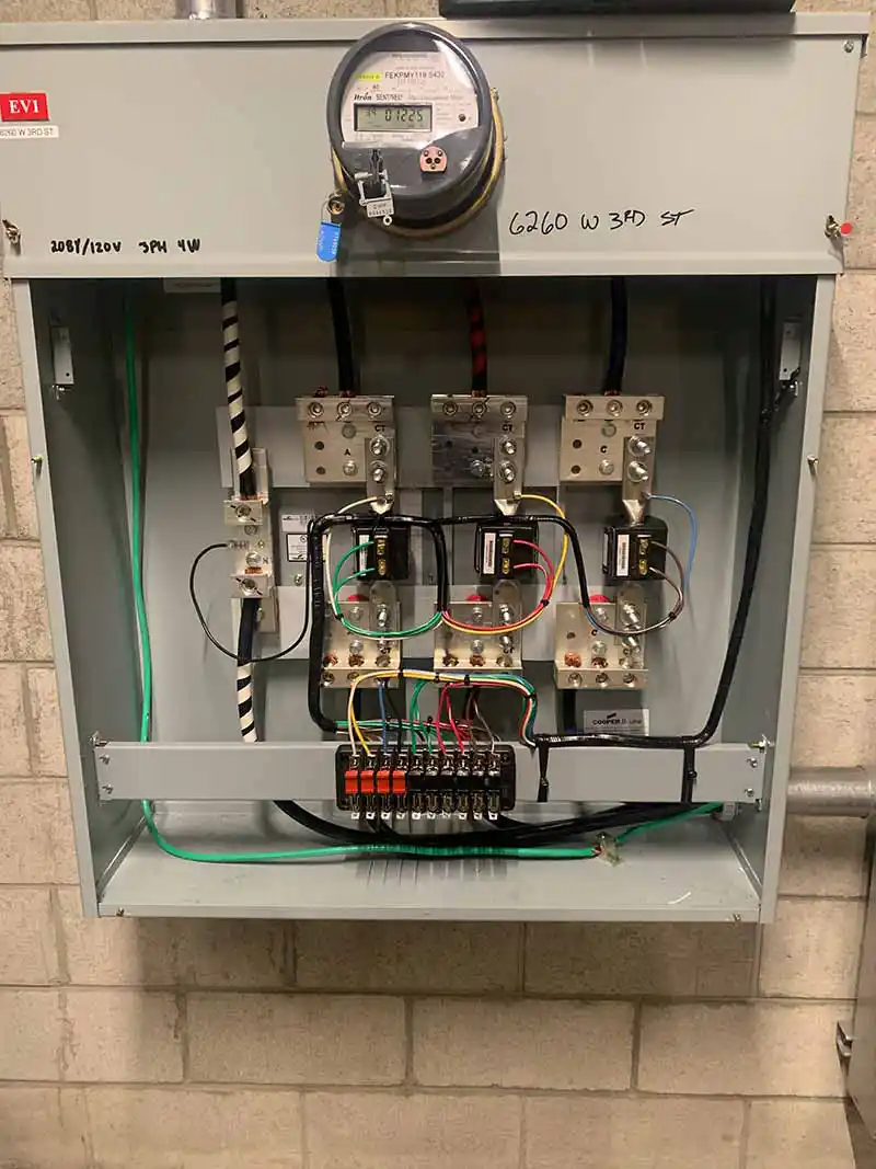 Commercial 3-phase EV charging meter panel installation in Southern California