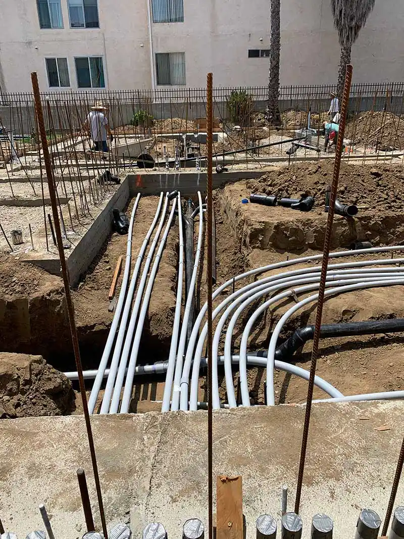 New construction underground electrical conduit installation for residential build in SoCal